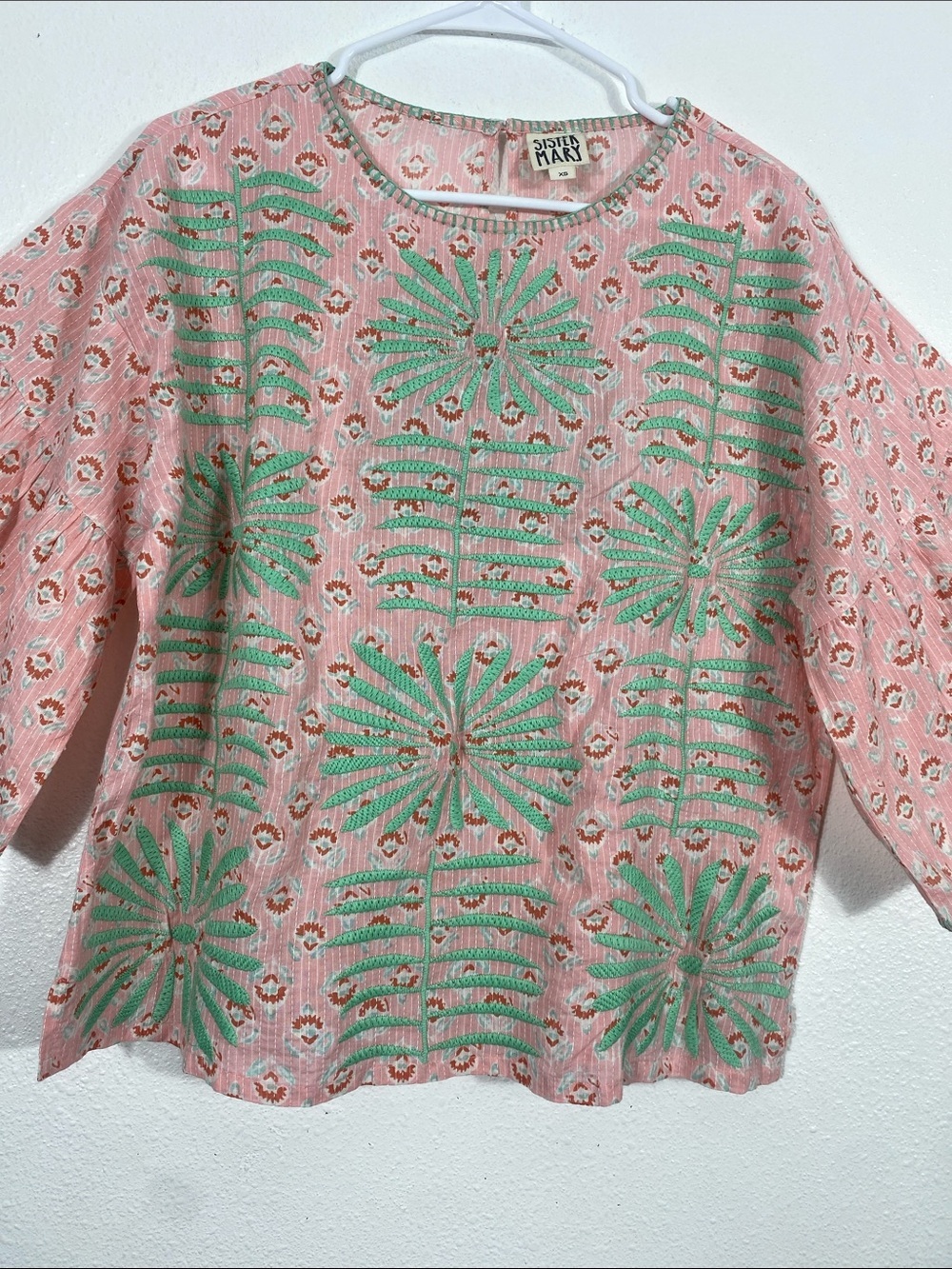 Sister Mary Elena Pink Green Embroidered Cotton Blouse Top Boho XS - Picture 3 of 16
